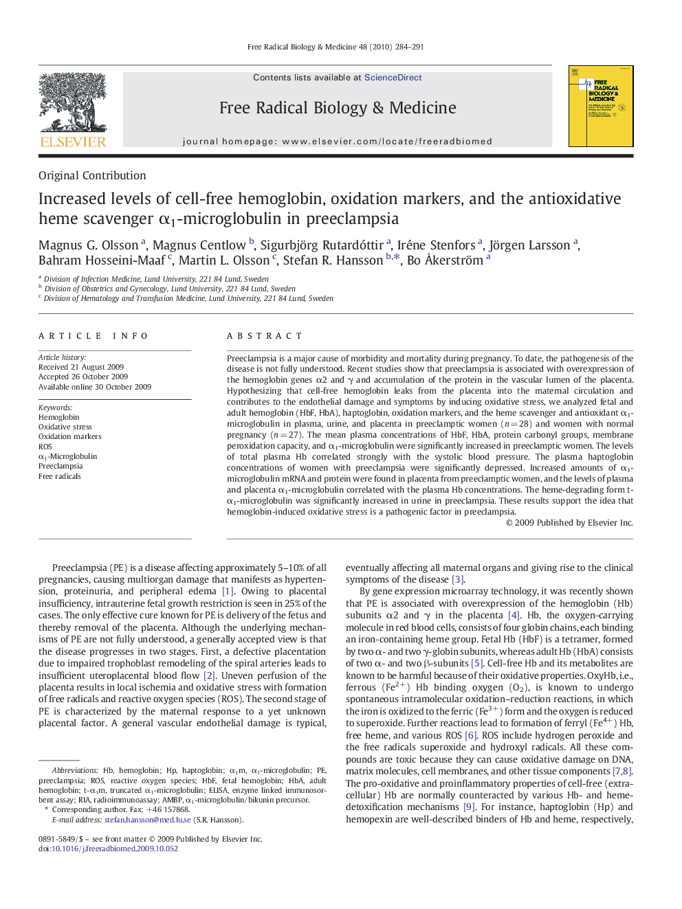 Increased levels of cell-free hemoglobin, oxidation markers, and the antioxidative heme scavenger α1-microglobulin in preeclampsia