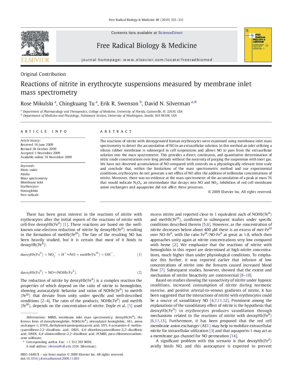 Reactions of nitrite in erythrocyte suspensions measured by membrane inlet mass spectrometry