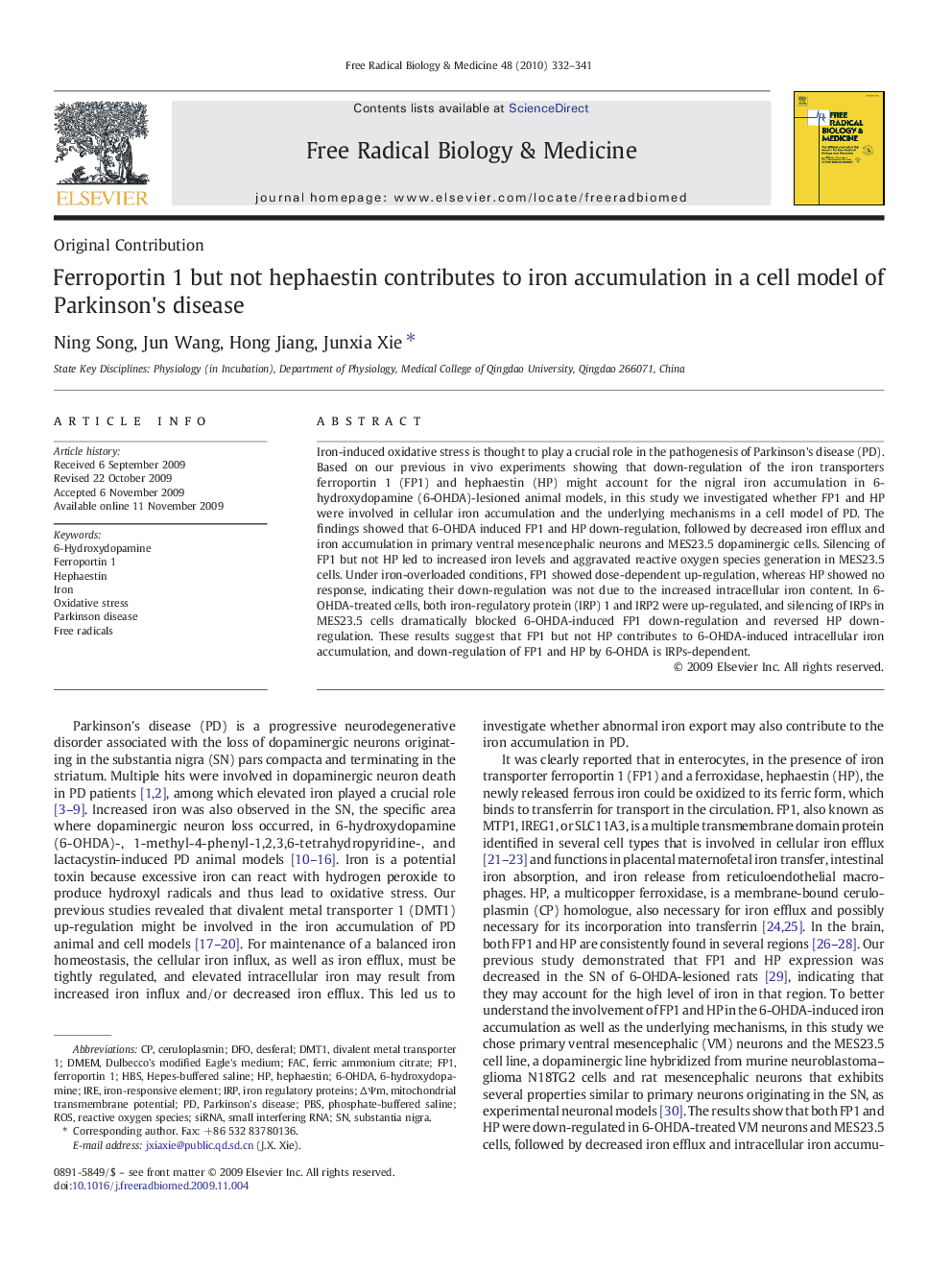 Ferroportin 1 but not hephaestin contributes to iron accumulation in a cell model of Parkinson's disease