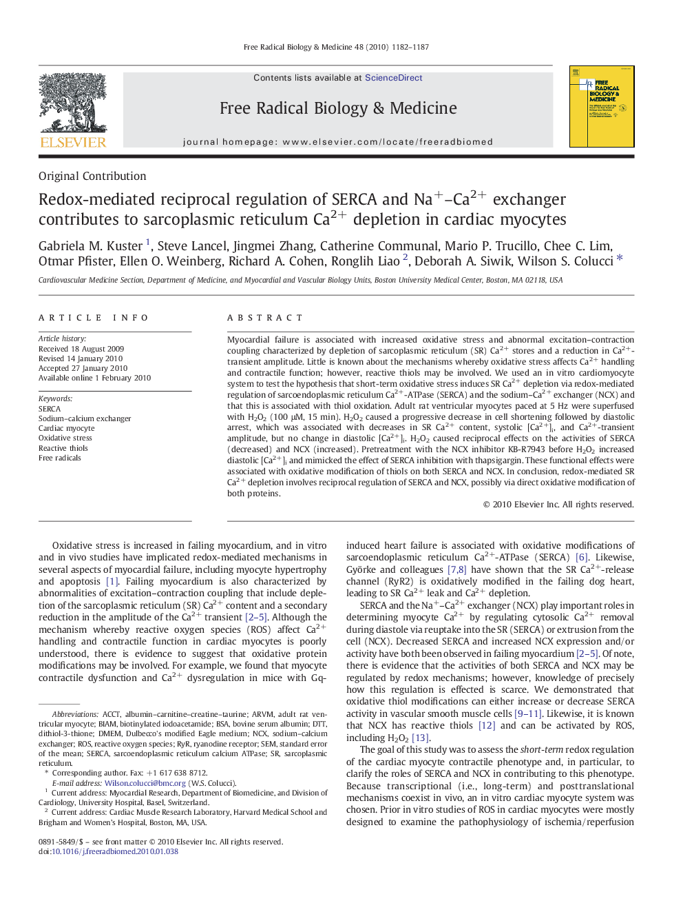 Redox-mediated reciprocal regulation of SERCA and Na+–Ca2+ exchanger contributes to sarcoplasmic reticulum Ca2+ depletion in cardiac myocytes