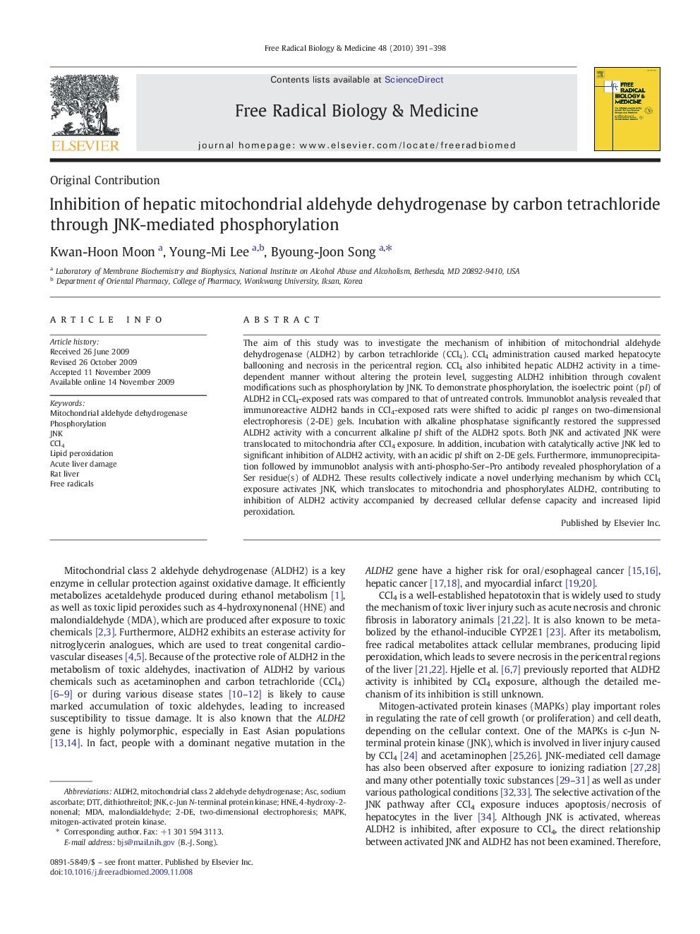 Inhibition of hepatic mitochondrial aldehyde dehydrogenase by carbon tetrachloride through JNK-mediated phosphorylation