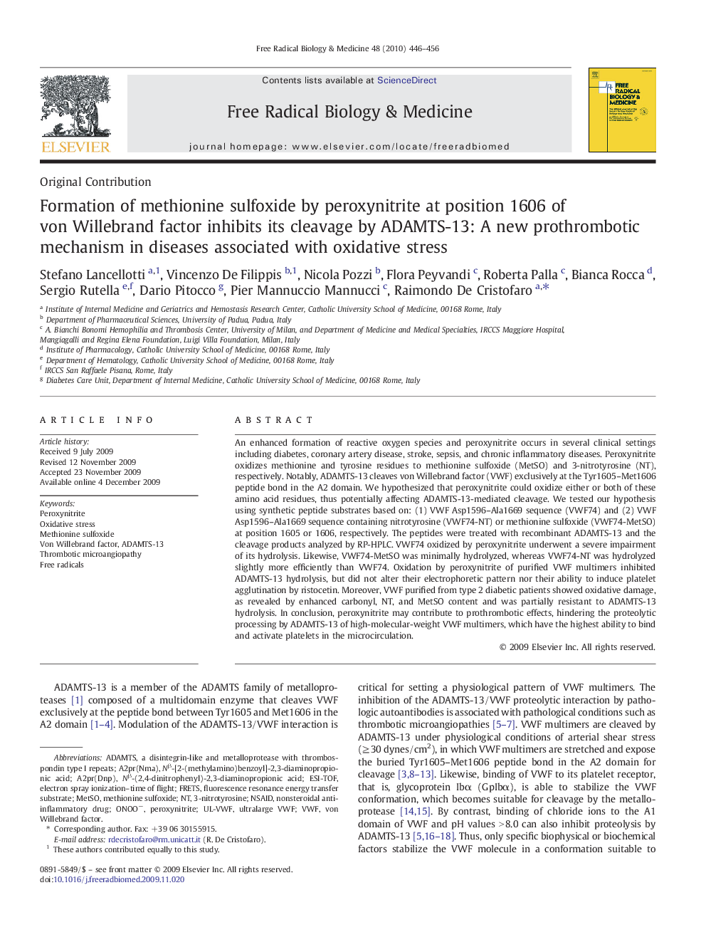 عکس صفحه اول مقاله: Formation of methionine sulfoxide by peroxynitrite at position 1606 of von Willebrand factor inhibits its cleavage by ADAMTS-13: A new prothrombotic mechanism in diseases associated with oxidative stress Formation of methionine sulfoxide by peroxynitrite at position 1606 of von Willebrand factor inhibits its cleavage by ADAMTS-13: A new prothrombotic mechanism in diseases associated with oxidative stress