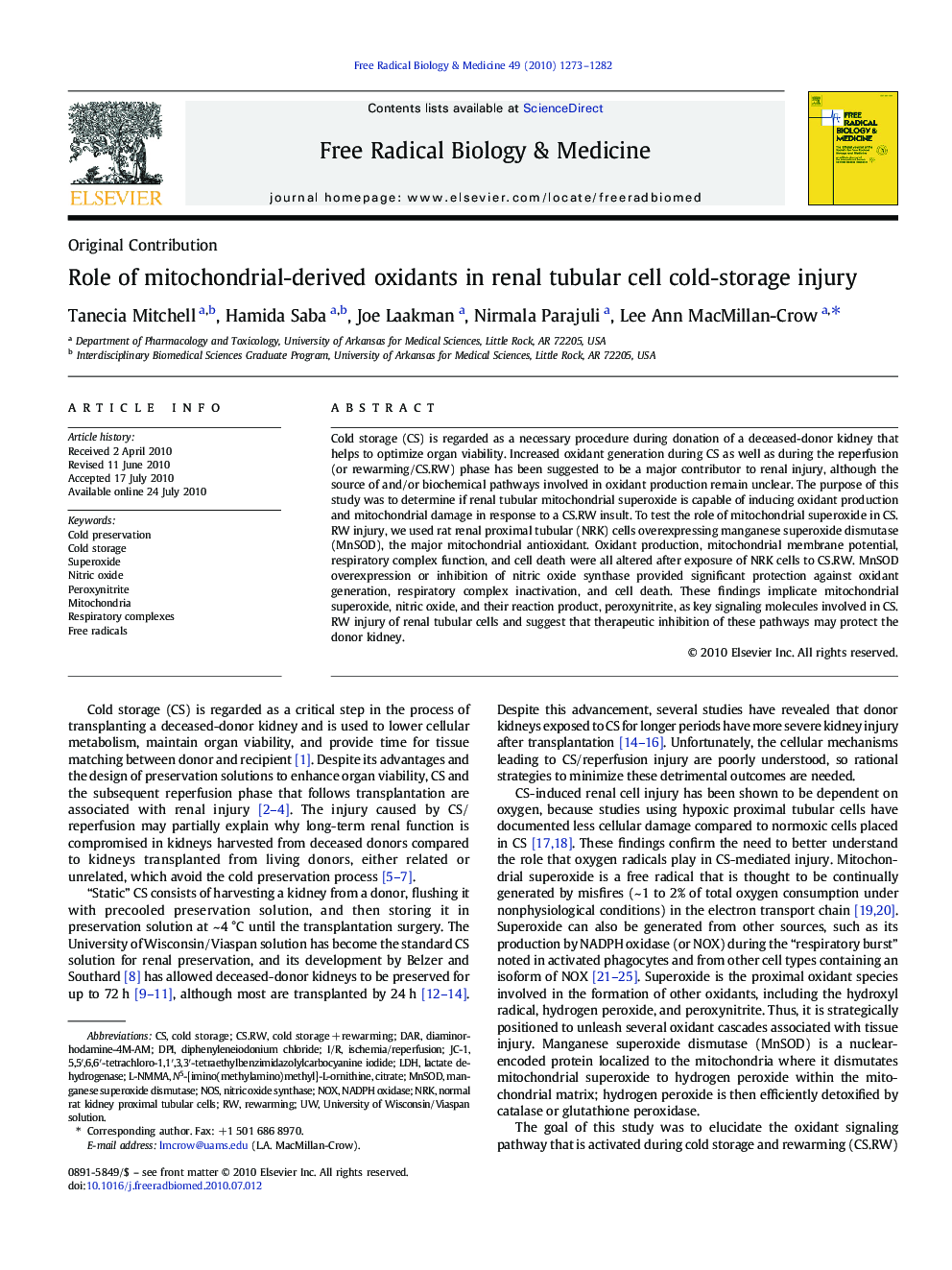 Role of mitochondrial-derived oxidants in renal tubular cell cold-storage injury