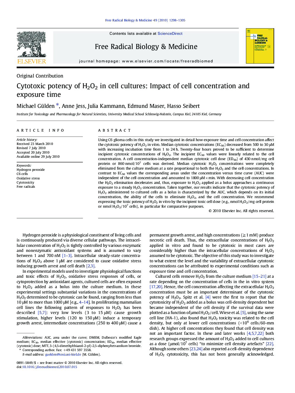 Cytotoxic potency of H2O2 in cell cultures: Impact of cell concentration and exposure time