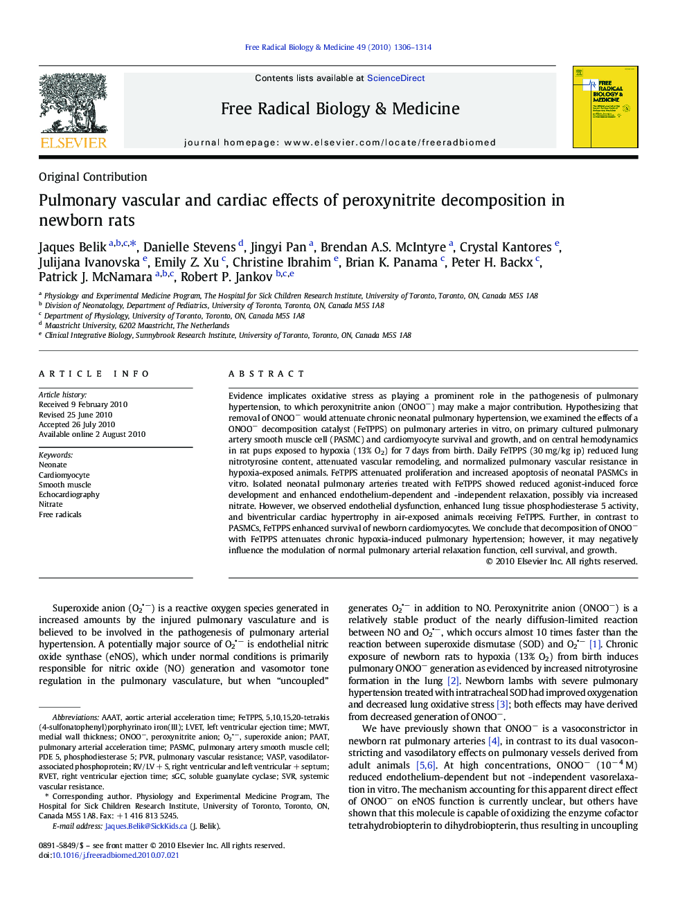 Pulmonary vascular and cardiac effects of peroxynitrite decomposition in newborn rats