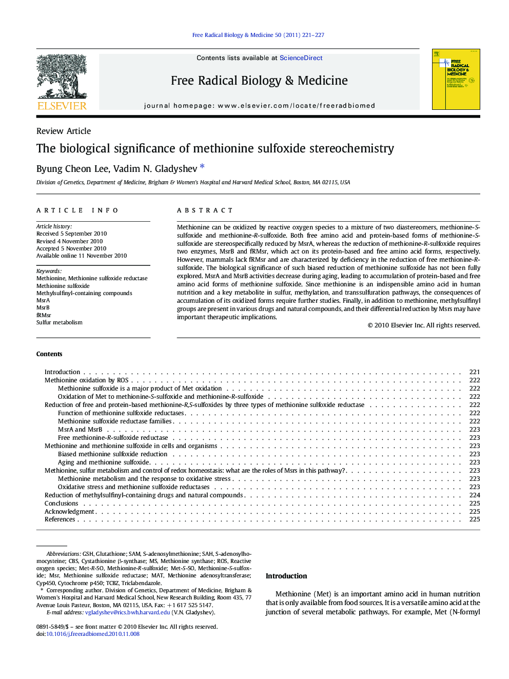 The biological significance of methionine sulfoxide stereochemistry