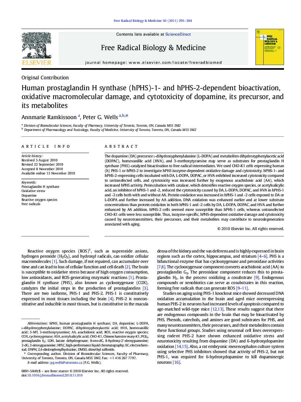 Human prostaglandin H synthase (hPHS)-1- and hPHS-2-dependent bioactivation, oxidative macromolecular damage, and cytotoxicity of dopamine, its precursor, and its metabolites