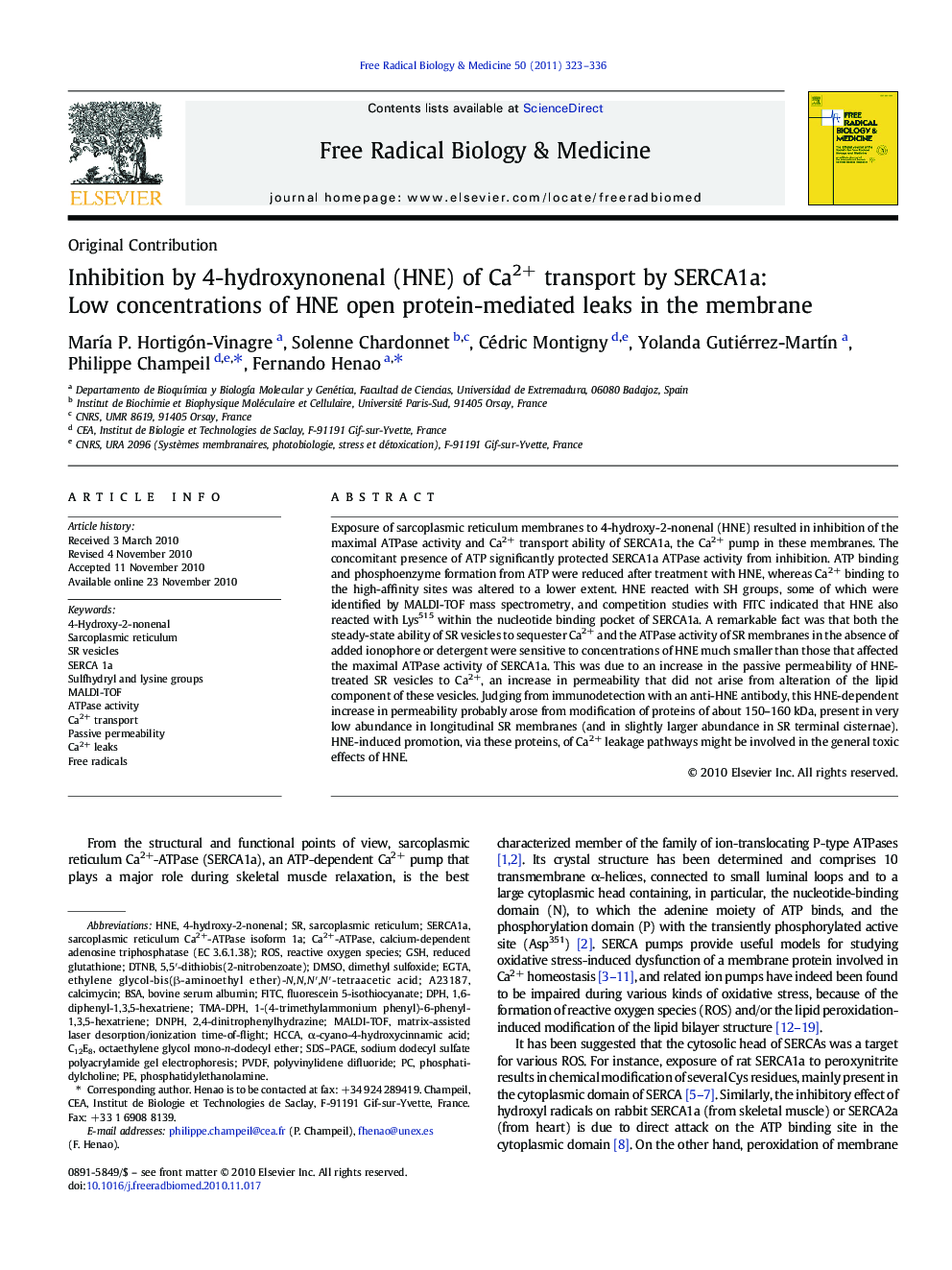 Inhibition by 4-hydroxynonenal (HNE) of Ca2+ transport by SERCA1a: Low concentrations of HNE open protein-mediated leaks in the membrane