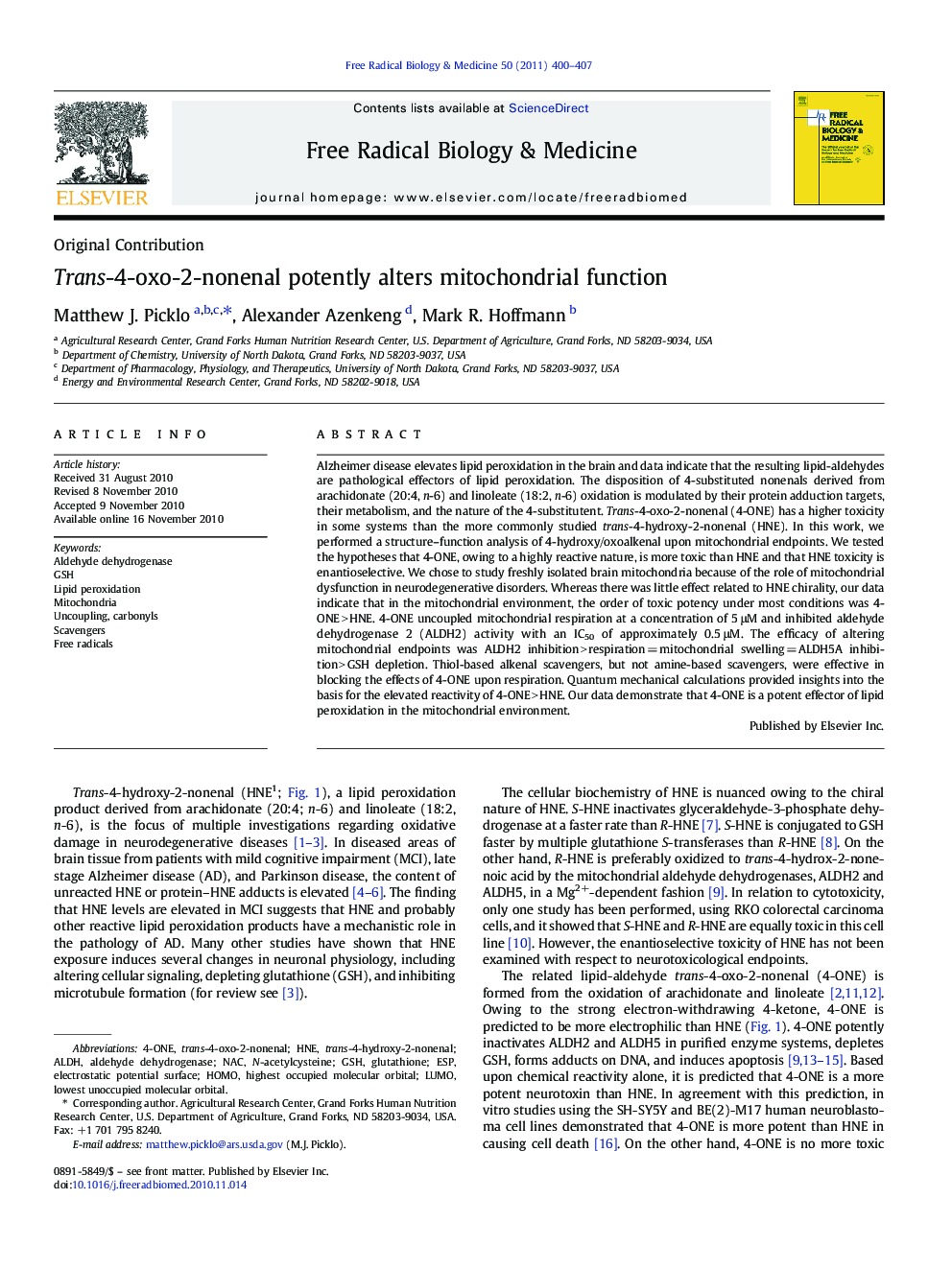 Trans-4-oxo-2-nonenal potently alters mitochondrial function