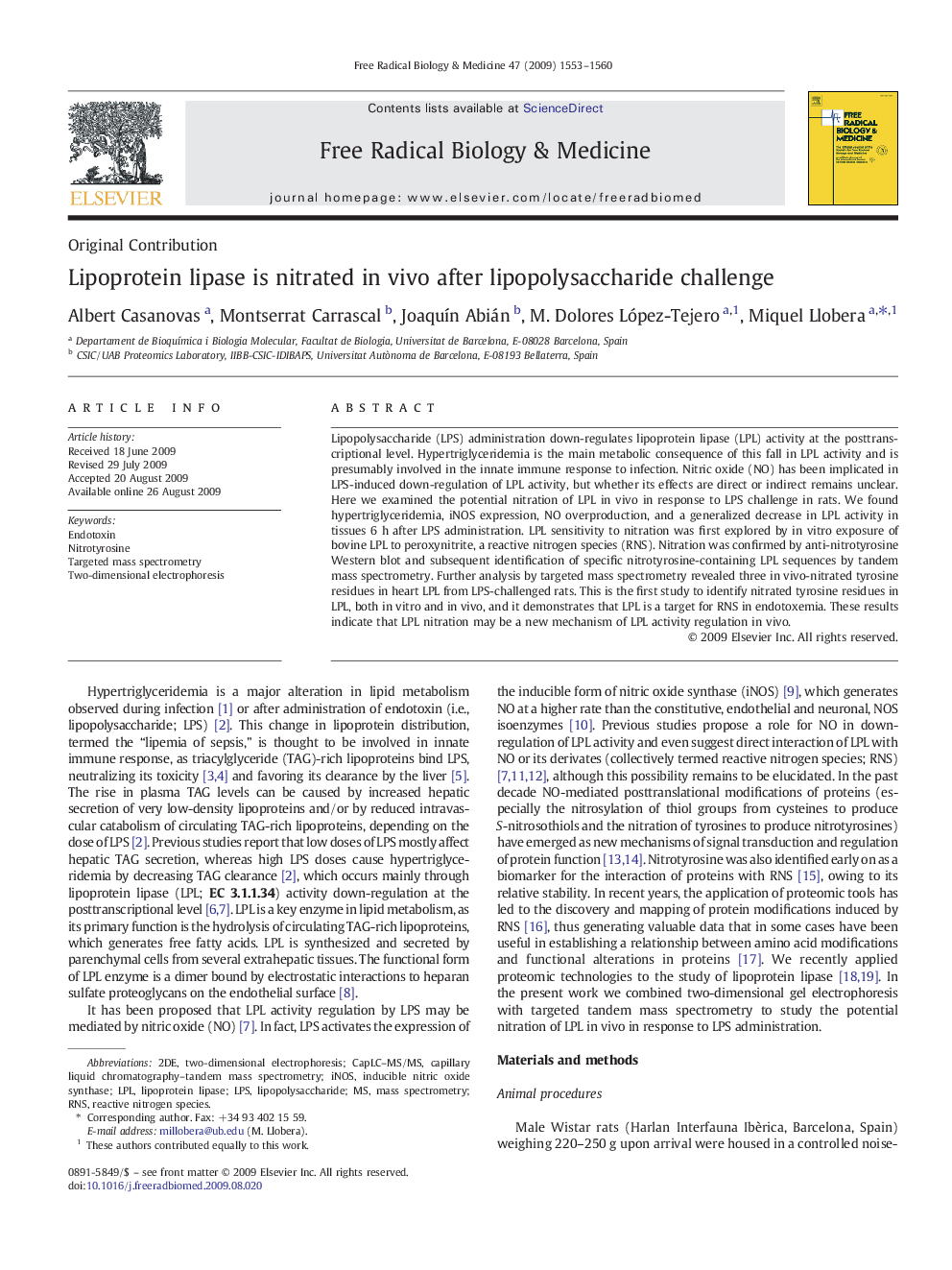 Lipoprotein lipase is nitrated in vivo after lipopolysaccharide challenge