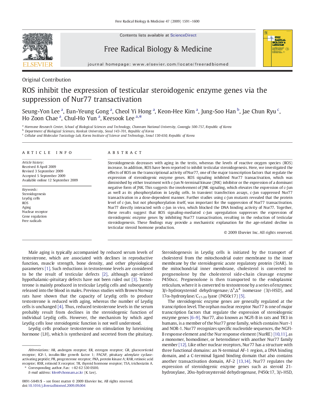 ROS inhibit the expression of testicular steroidogenic enzyme genes via the suppression of Nur77 transactivation