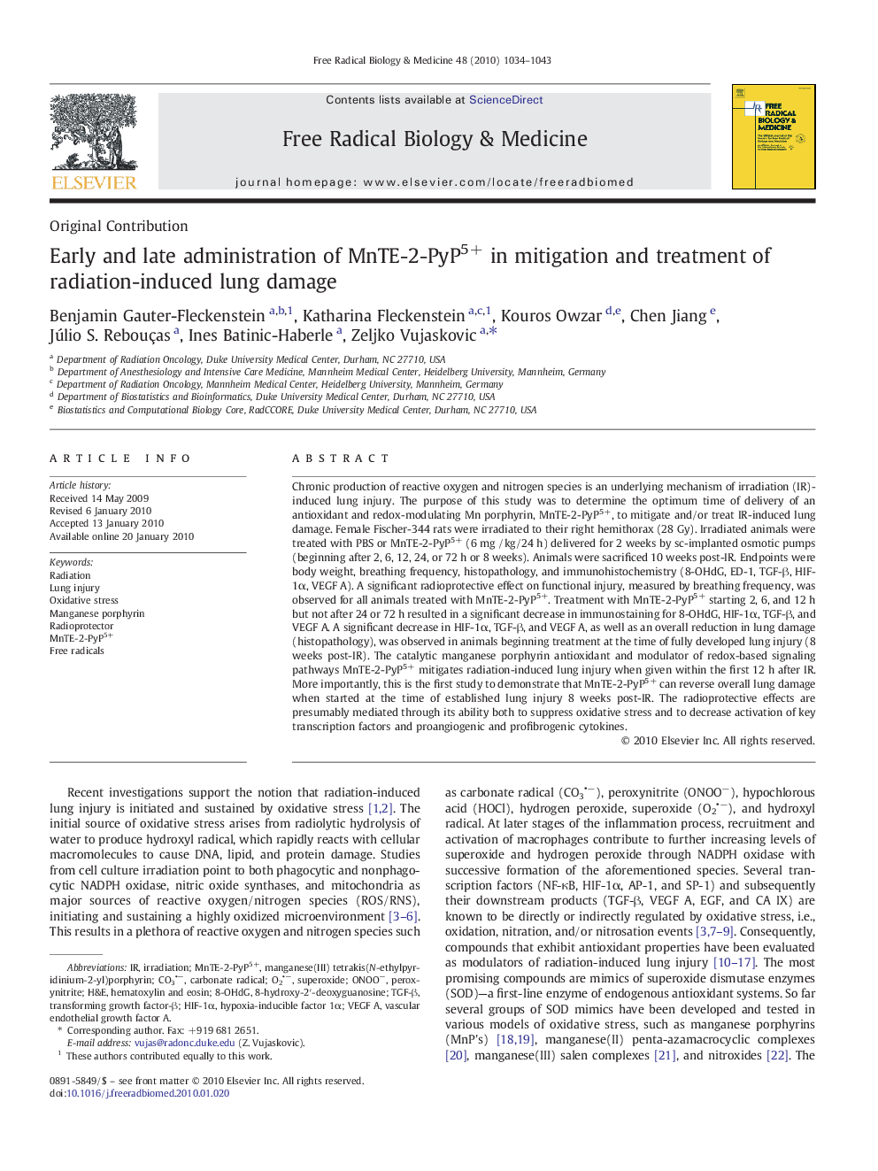 Early and late administration of MnTE-2-PyP5+ in mitigation and treatment of radiation-induced lung damage