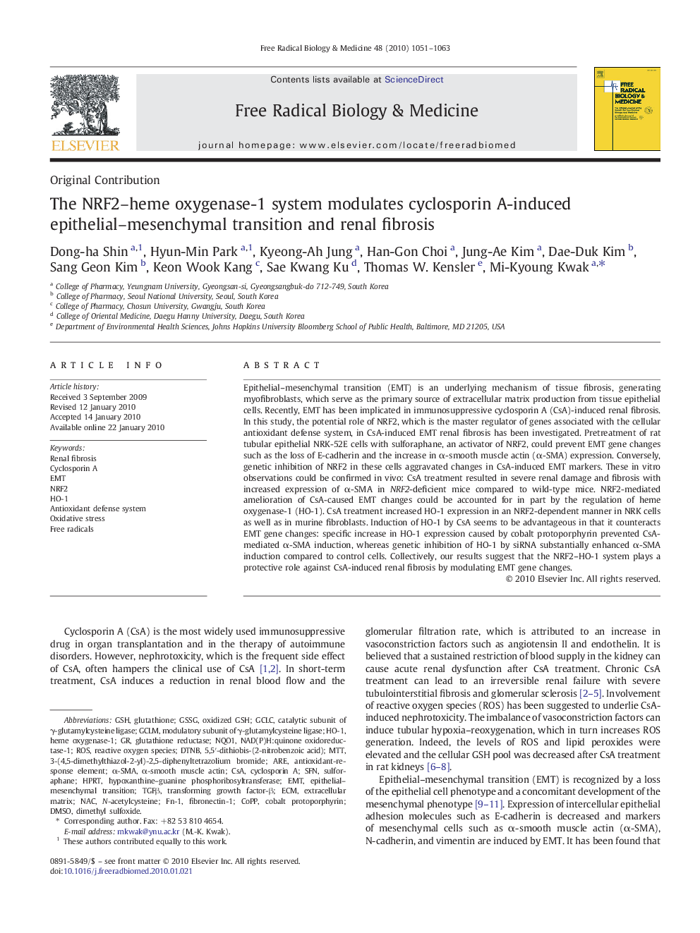 The NRF2–heme oxygenase-1 system modulates cyclosporin A-induced epithelial–mesenchymal transition and renal fibrosis