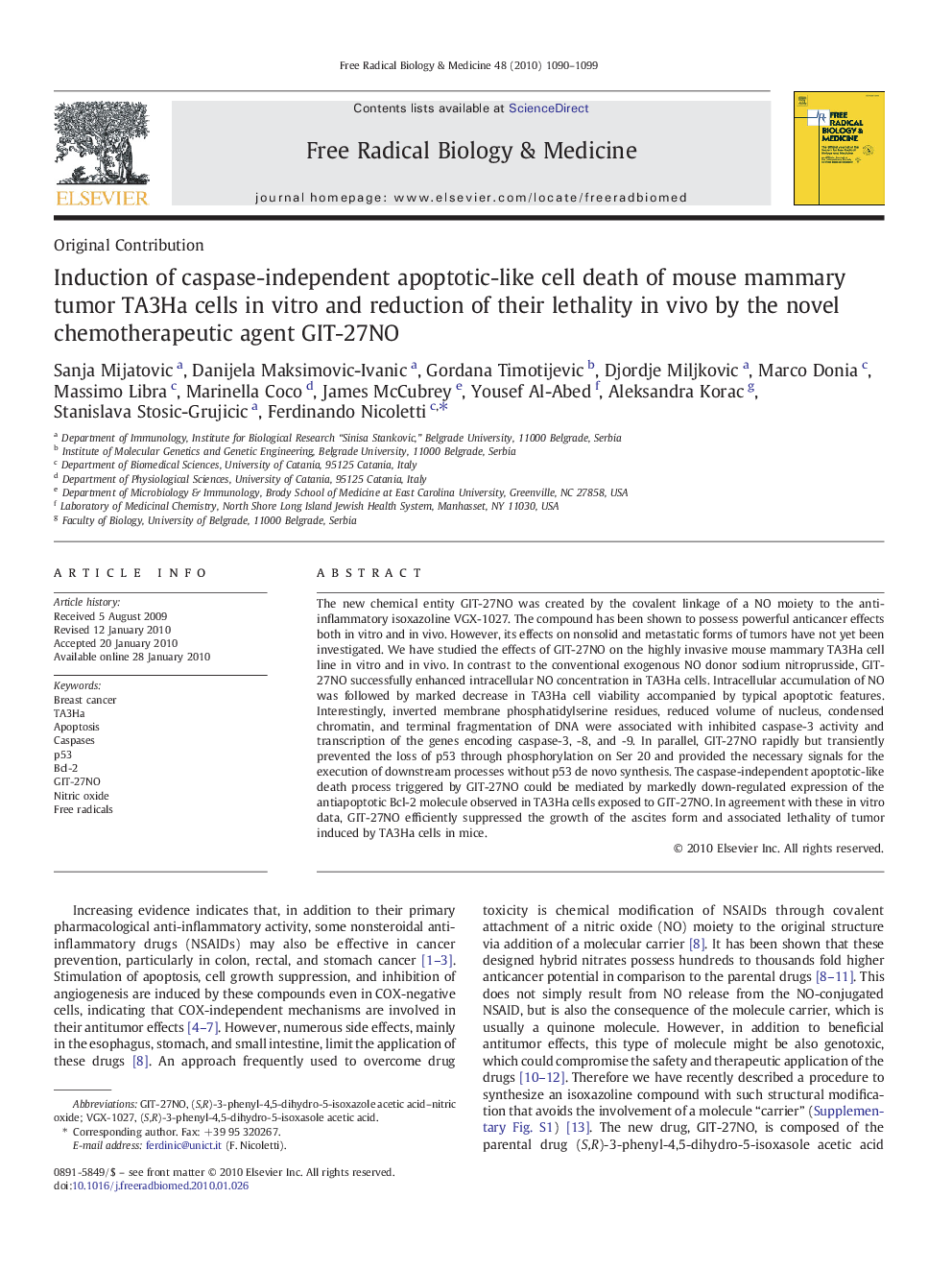 Induction of caspase-independent apoptotic-like cell death of mouse mammary tumor TA3Ha cells in vitro and reduction of their lethality in vivo by the novel chemotherapeutic agent GIT-27NO
