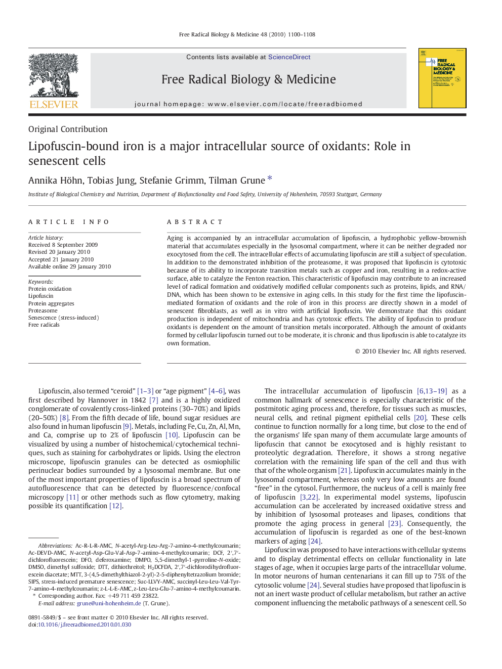 Lipofuscin-bound iron is a major intracellular source of oxidants: Role in senescent cells