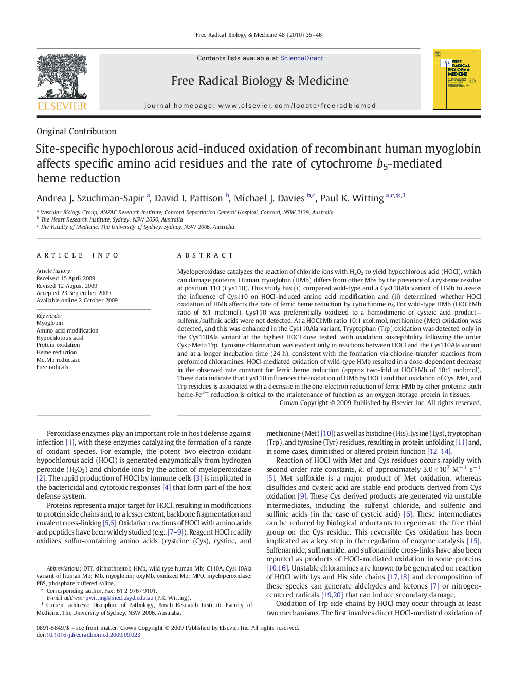 Site-specific hypochlorous acid-induced oxidation of recombinant human myoglobin affects specific amino acid residues and the rate of cytochrome b5-mediated heme reduction