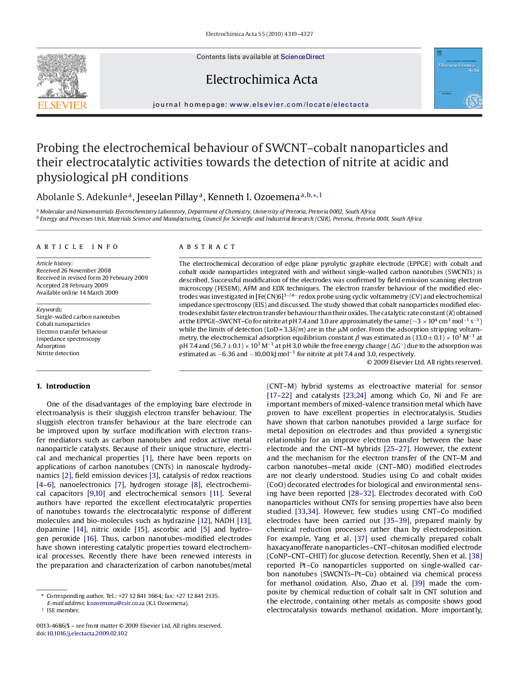 Probing the electrochemical behaviour of SWCNT–cobalt nanoparticles and their electrocatalytic activities towards the detection of nitrite at acidic and physiological pH conditions