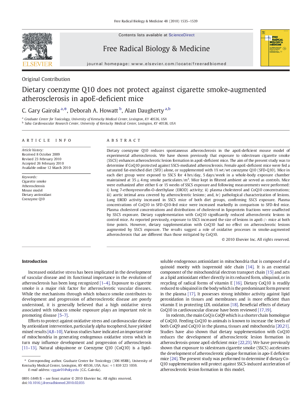 Dietary coenzyme Q10 does not protect against cigarette smoke-augmented atherosclerosis in apoE-deficient mice