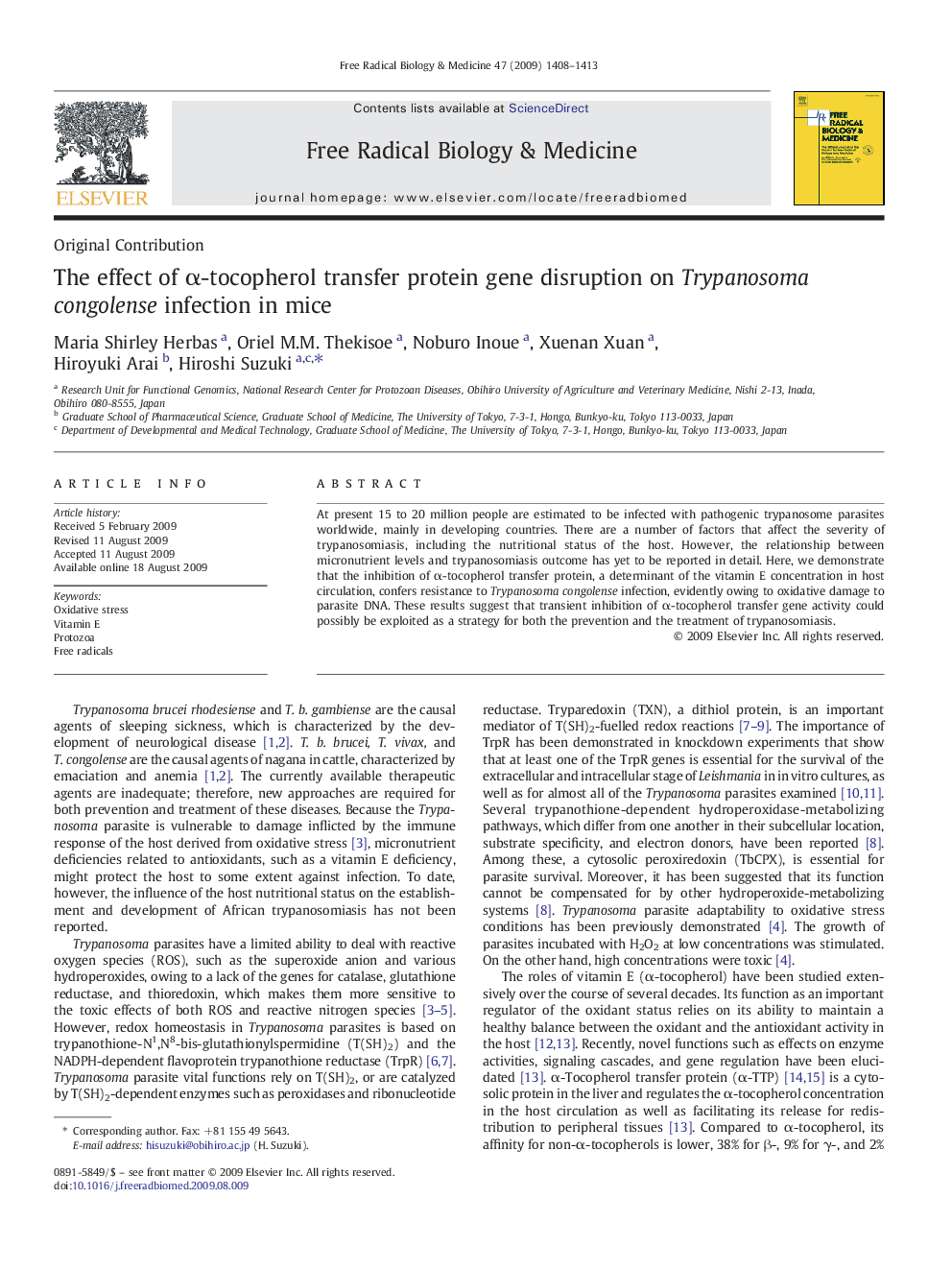 The effect of Î±-tocopherol transfer protein gene disruption on Trypanosoma congolense infection in mice