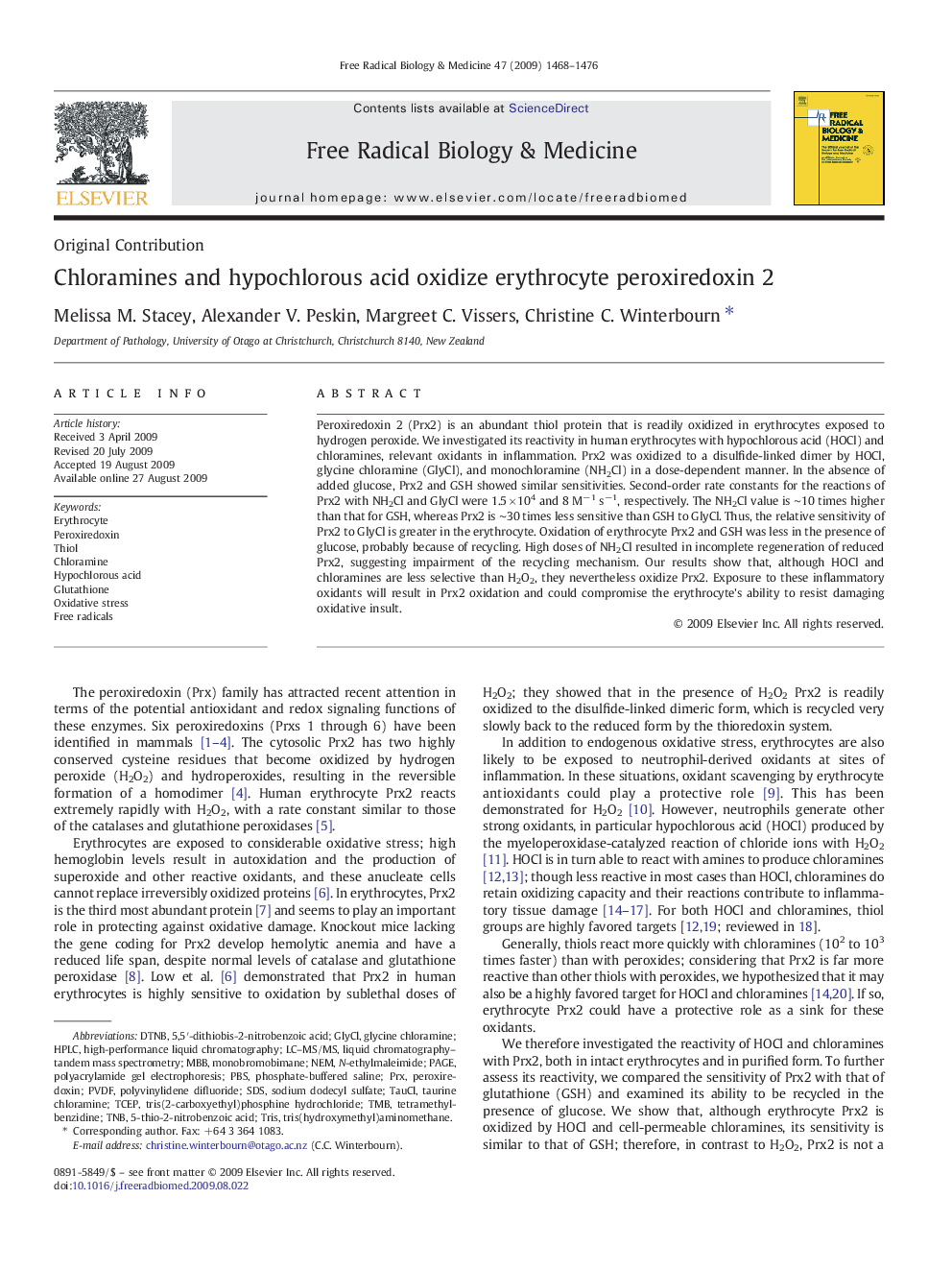 Chloramines and hypochlorous acid oxidize erythrocyte peroxiredoxin 2