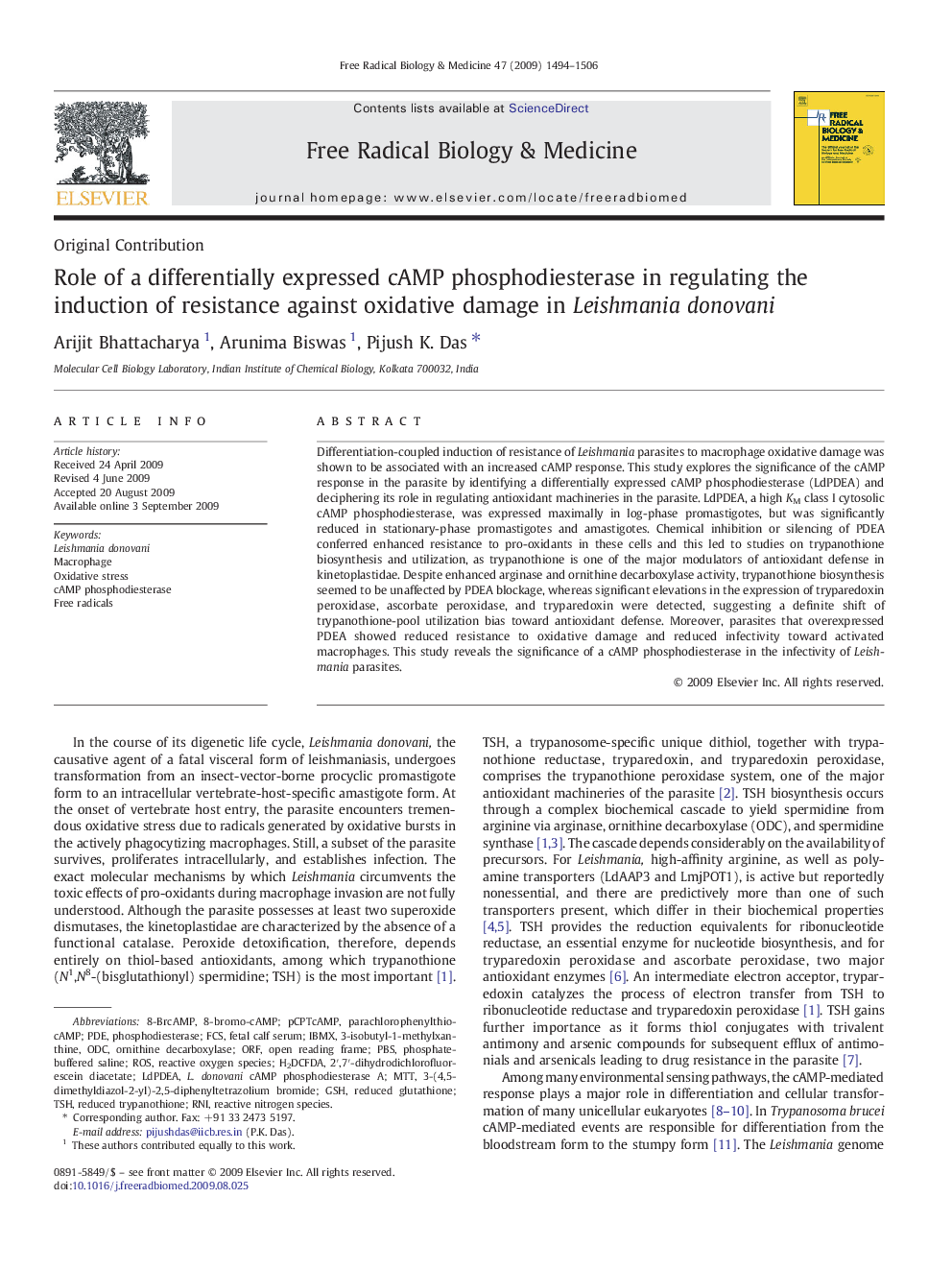 Role of a differentially expressed cAMP phosphodiesterase in regulating the induction of resistance against oxidative damage in Leishmania donovani