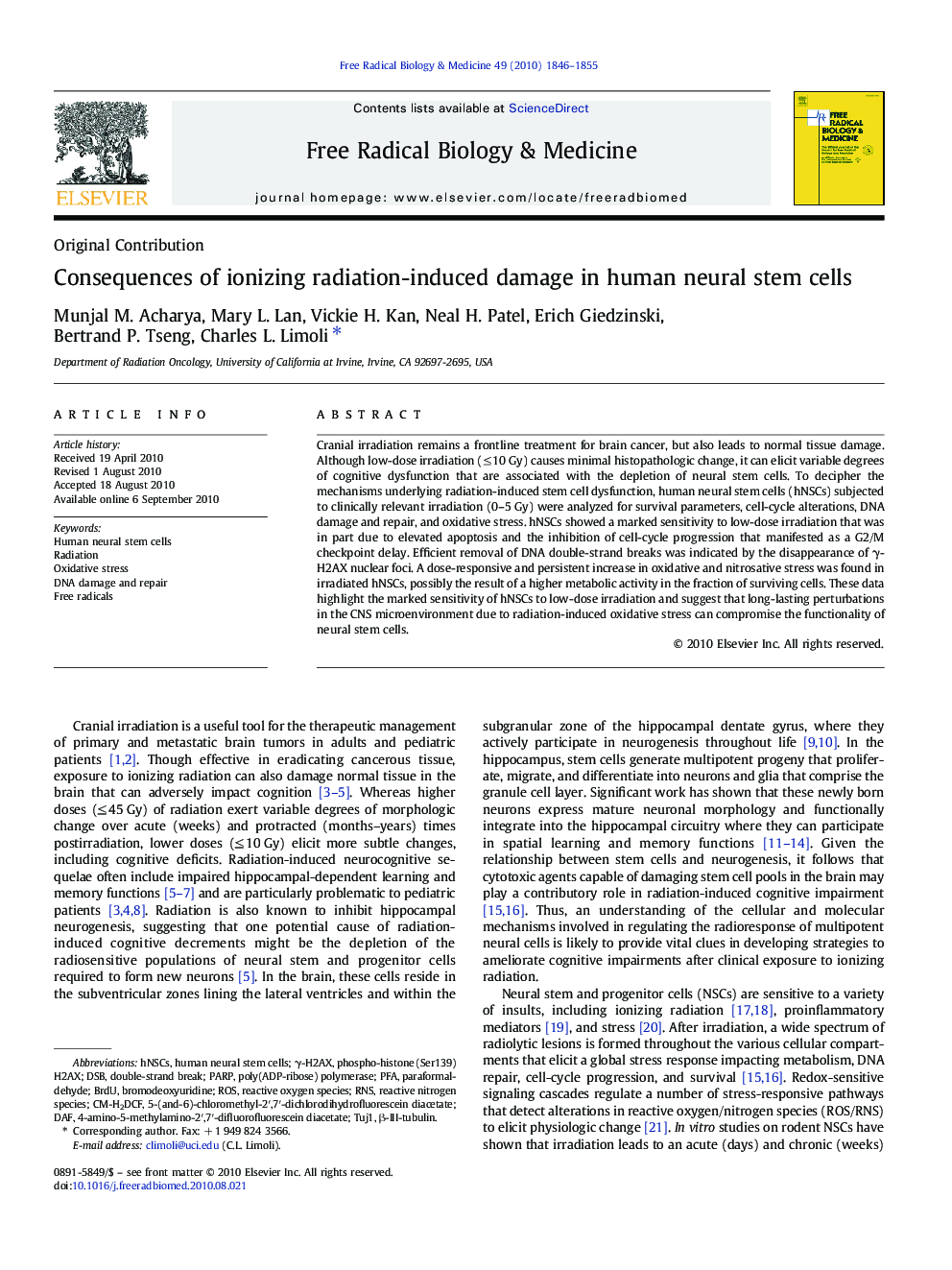 Consequences of ionizing radiation-induced damage in human neural stem cells