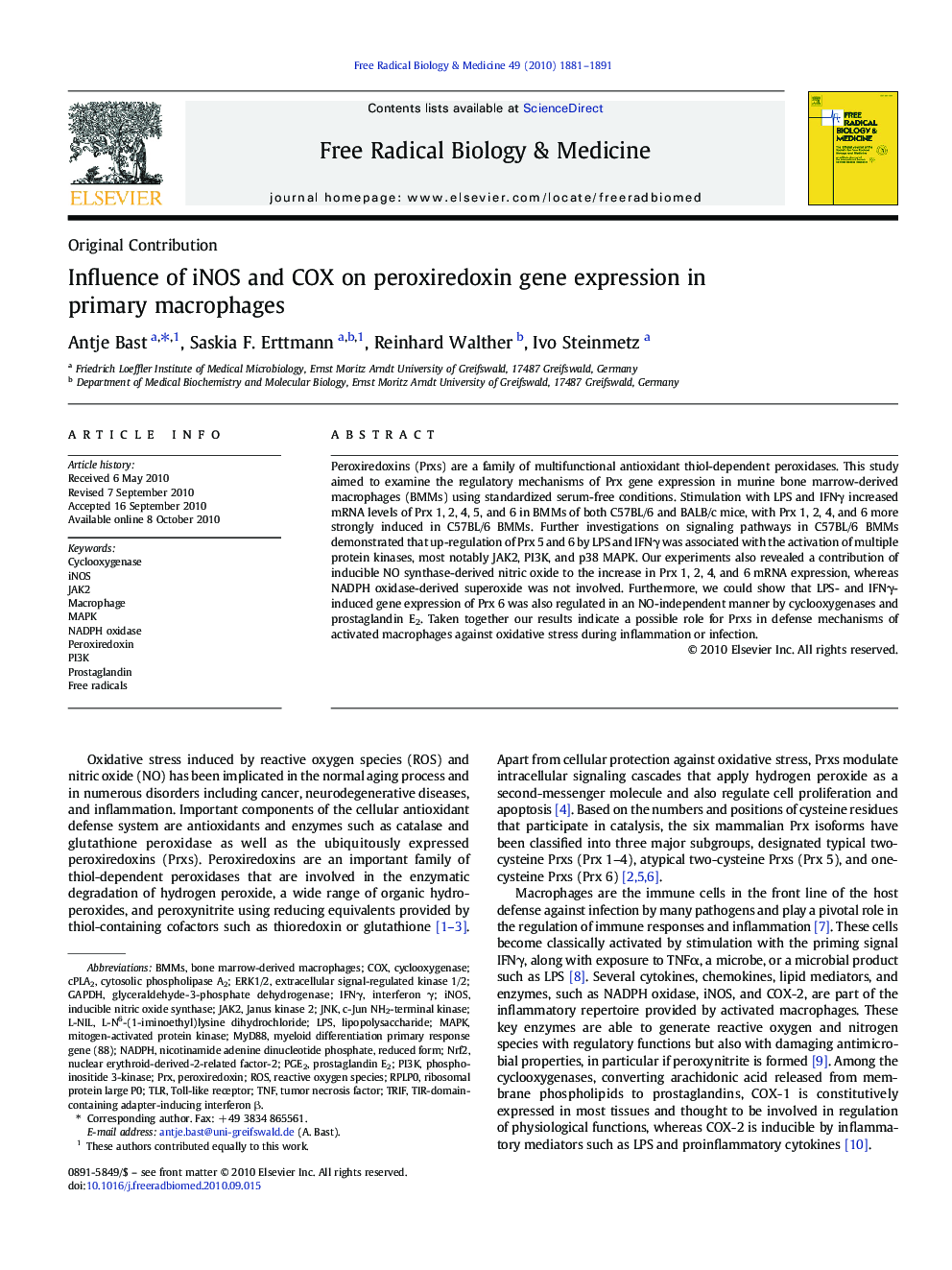 Influence of iNOS and COX on peroxiredoxin gene expression in primary macrophages