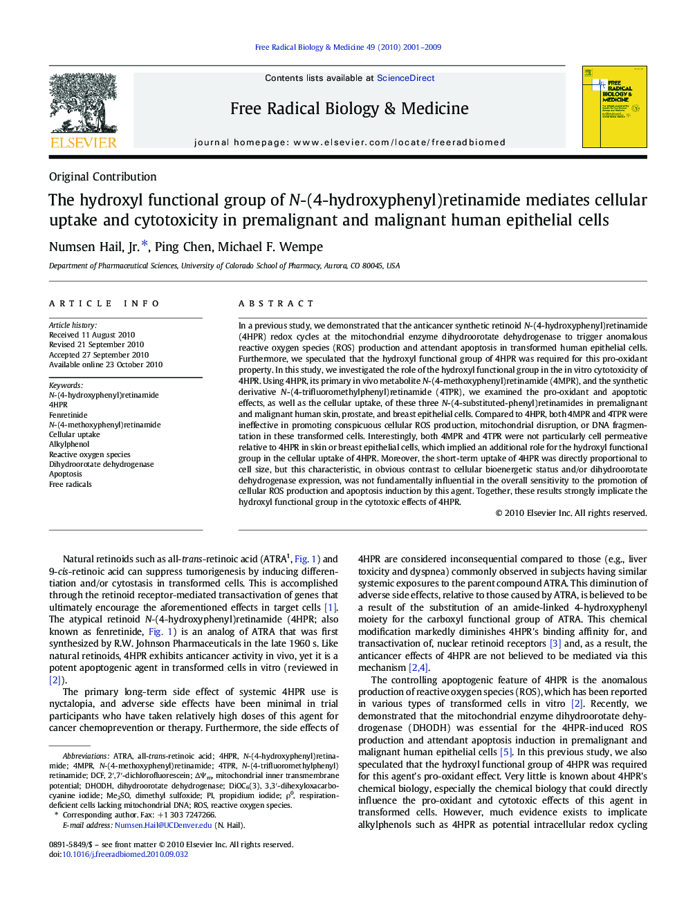 The hydroxyl functional group of N-(4-hydroxyphenyl)retinamide mediates cellular uptake and cytotoxicity in premalignant and malignant human epithelial cells