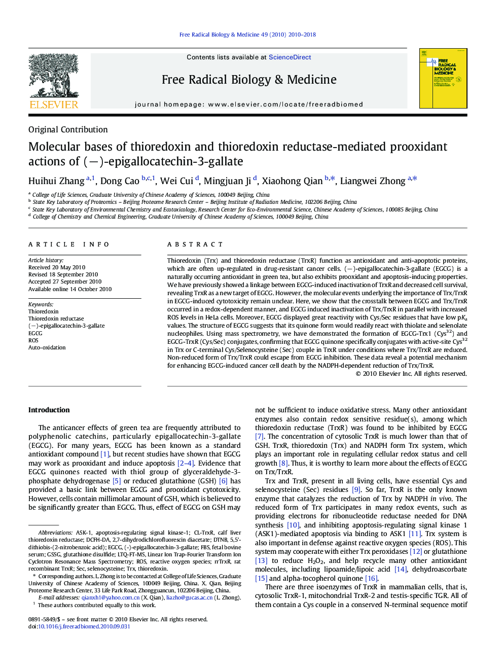 Molecular bases of thioredoxin and thioredoxin reductase-mediated prooxidant actions of (−)-epigallocatechin-3-gallate