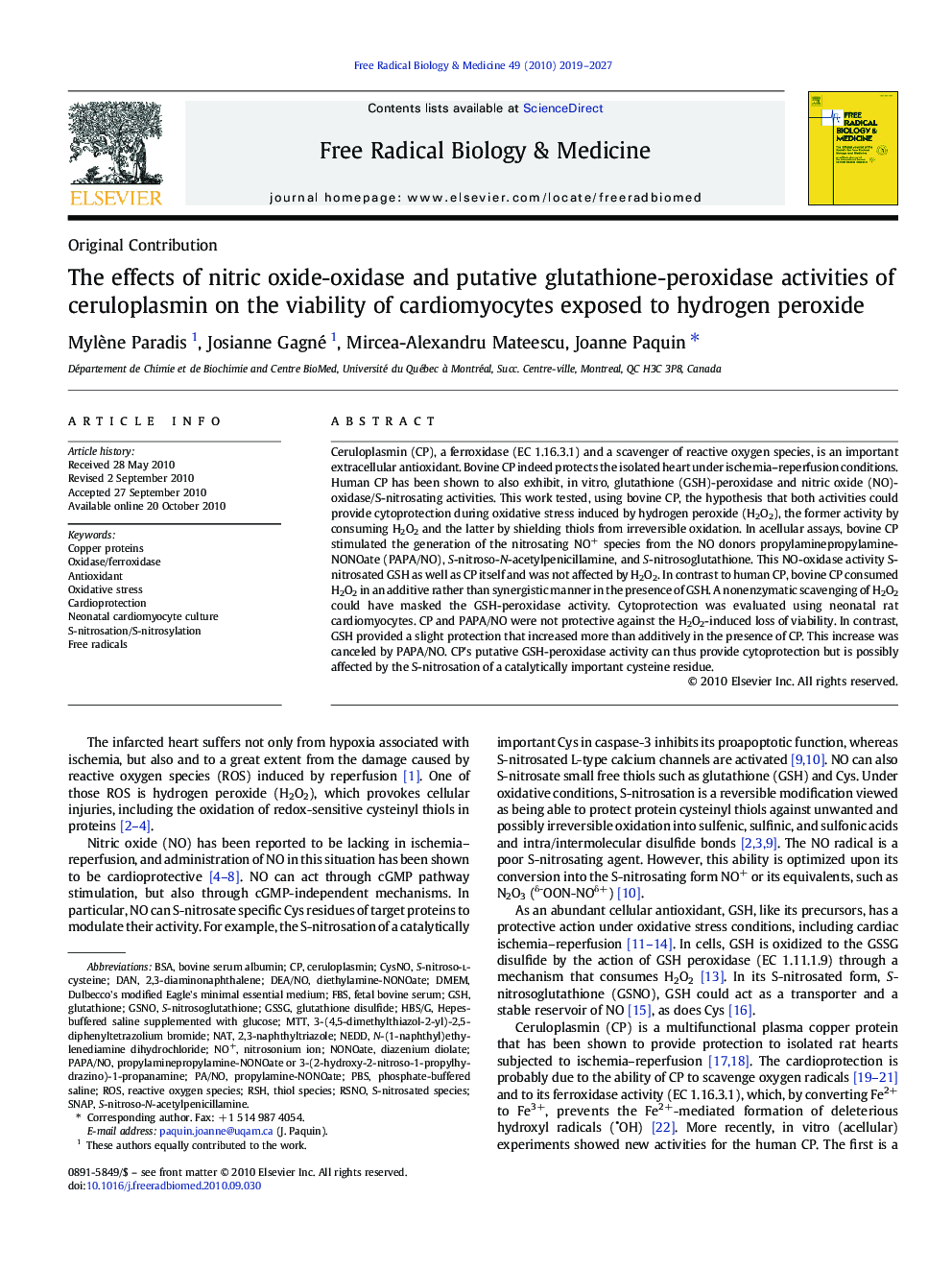 The effects of nitric oxide-oxidase and putative glutathione-peroxidase activities of ceruloplasmin on the viability of cardiomyocytes exposed to hydrogen peroxide