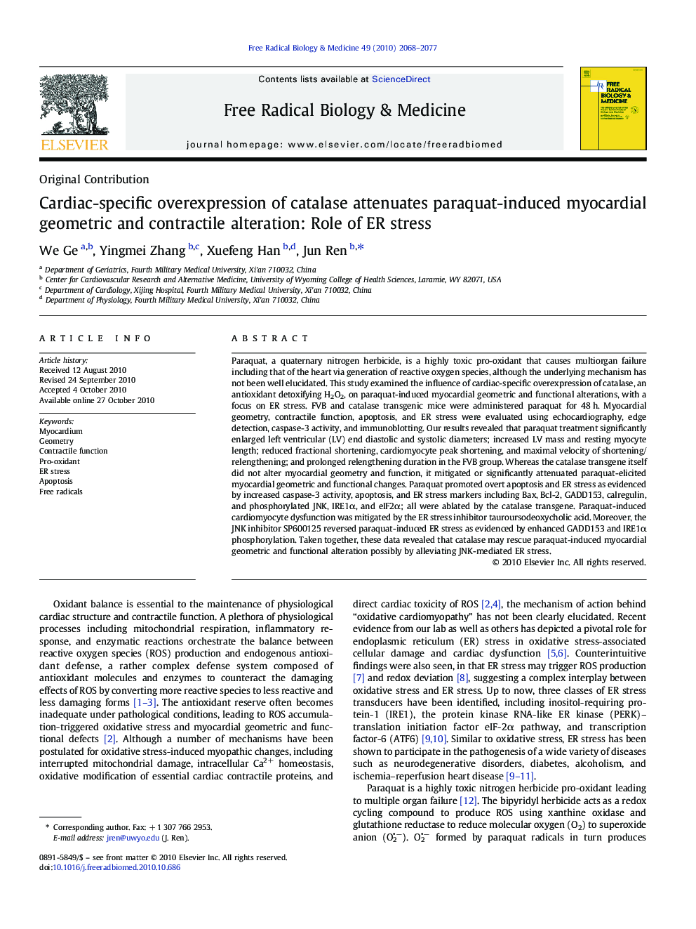 Cardiac-specific overexpression of catalase attenuates paraquat-induced myocardial geometric and contractile alteration: Role of ER stress