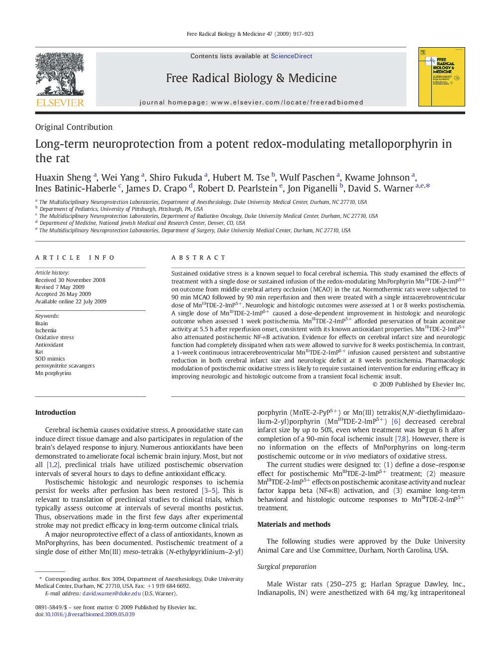 Long-term neuroprotection from a potent redox-modulating metalloporphyrin in the rat