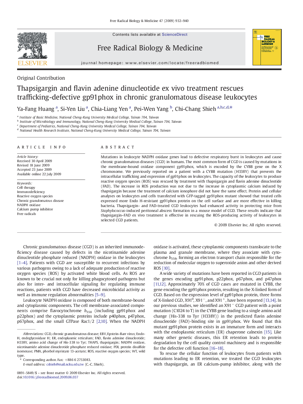 Thapsigargin and flavin adenine dinucleotide ex vivo treatment rescues trafficking-defective gp91phox in chronic granulomatous disease leukocytes