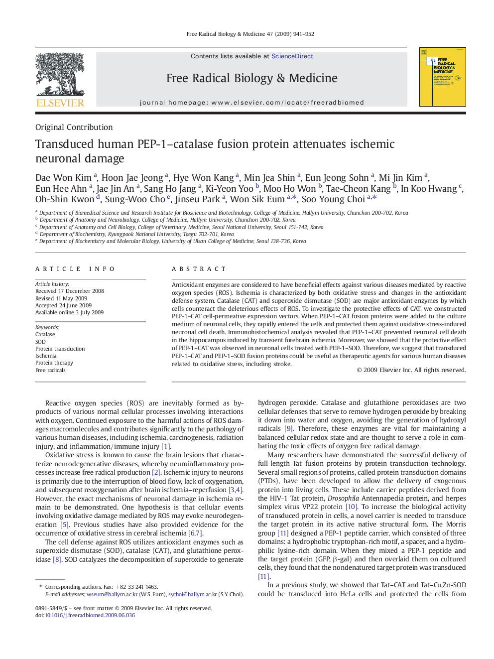 Transduced human PEP-1–catalase fusion protein attenuates ischemic neuronal damage