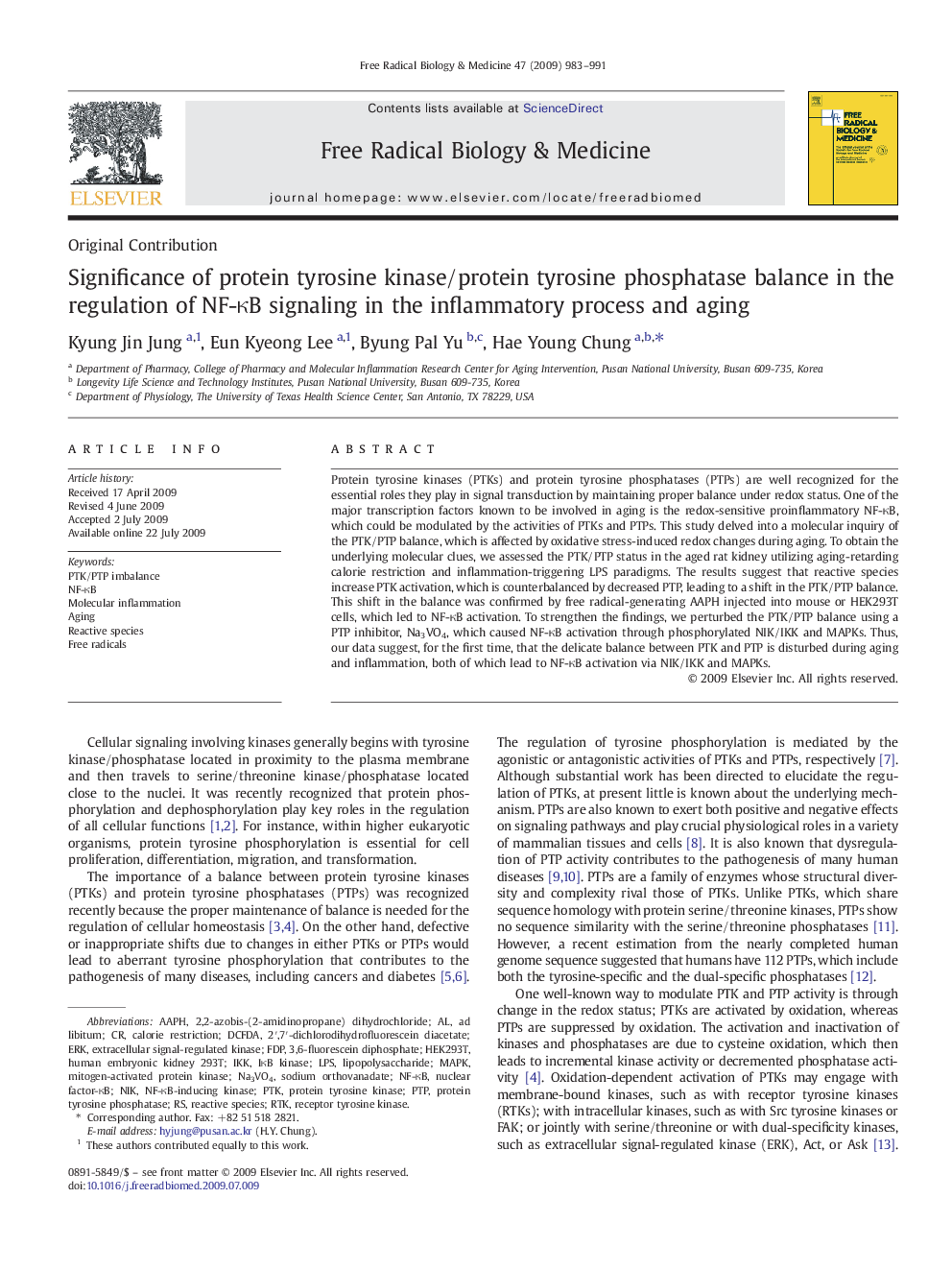 Significance of protein tyrosine kinase/protein tyrosine phosphatase balance in the regulation of NF-κB signaling in the inflammatory process and aging