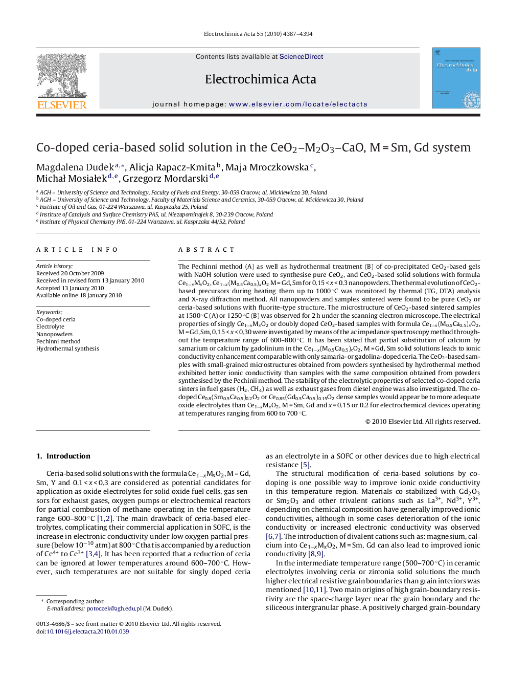 Co-doped ceria-based solid solution in the CeO2–M2O3–CaO, M = Sm, Gd system