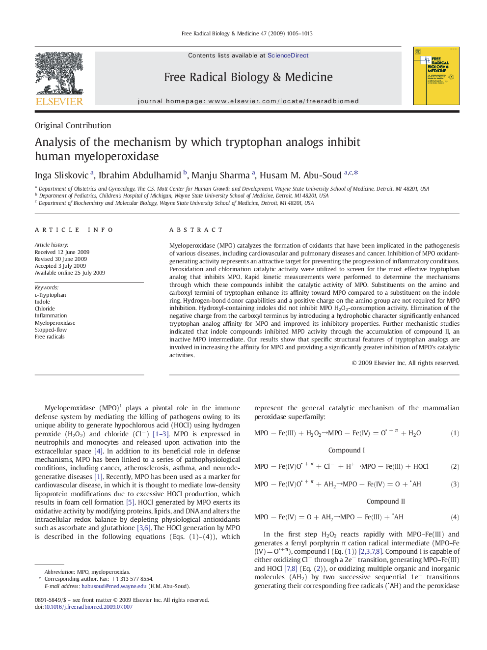 Analysis of the mechanism by which tryptophan analogs inhibit human myeloperoxidase