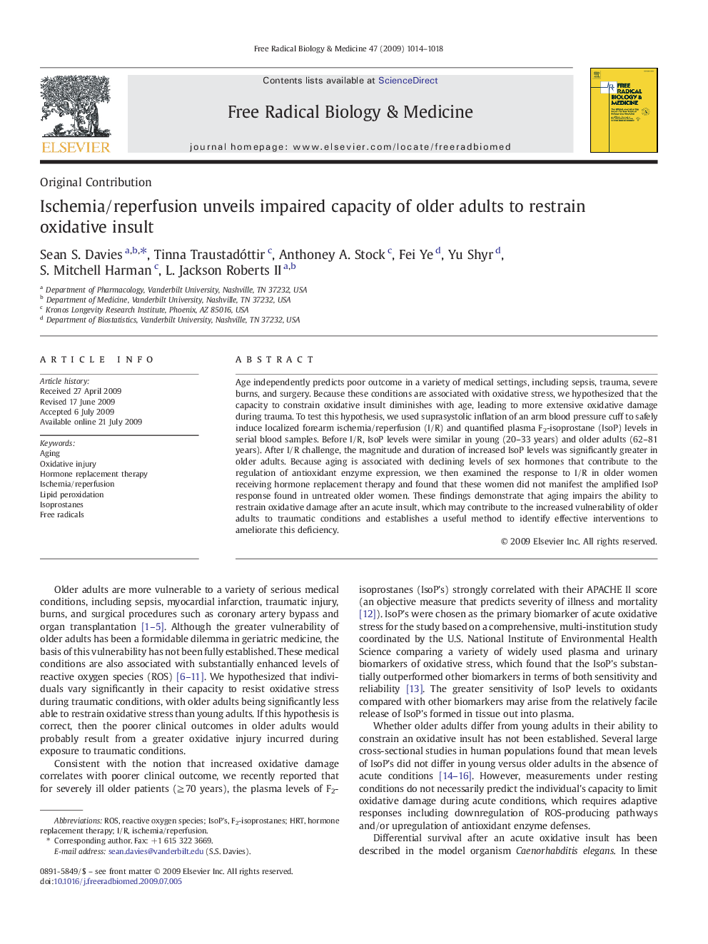 Ischemia/reperfusion unveils impaired capacity of older adults to restrain oxidative insult