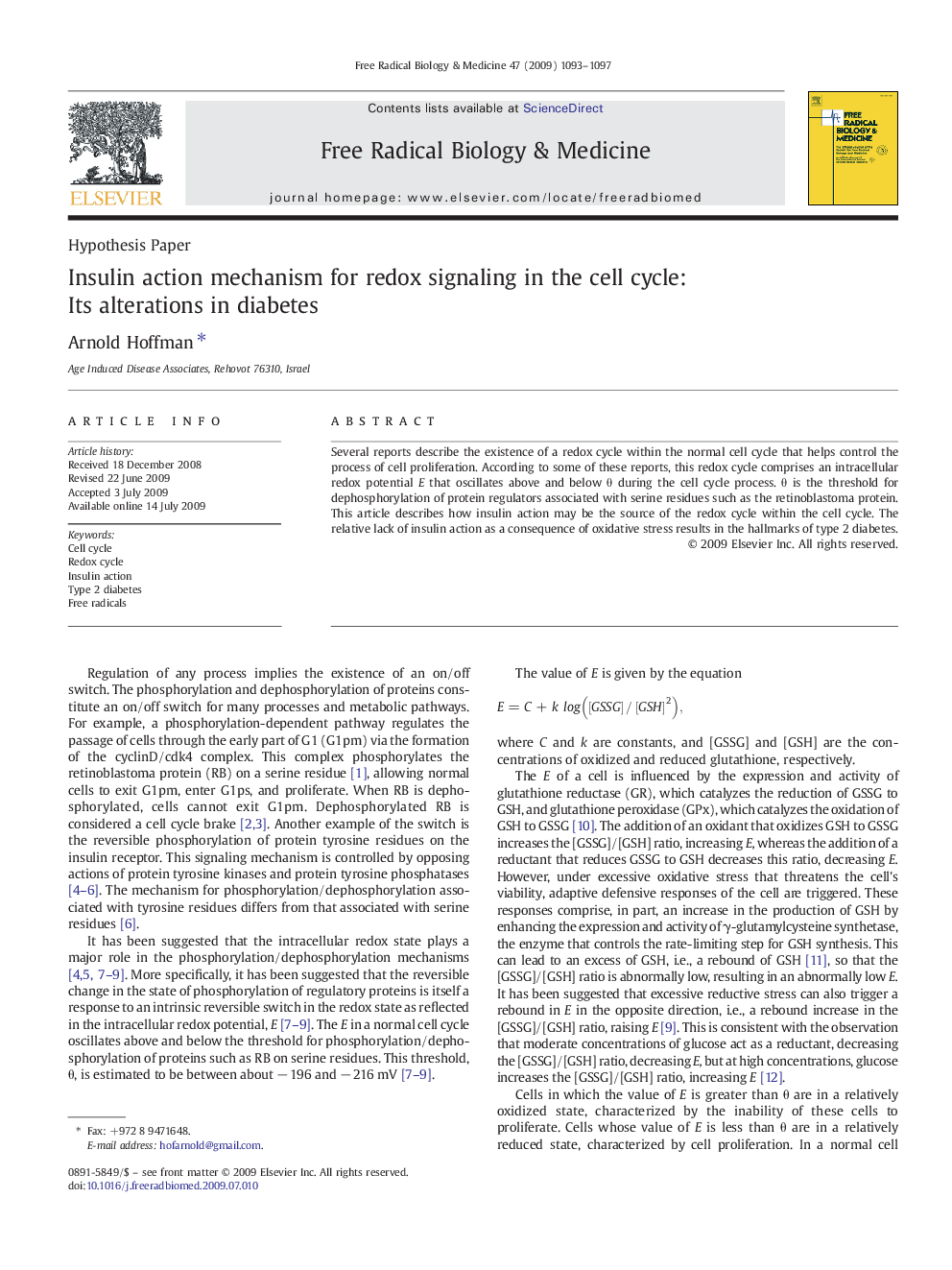 Insulin action mechanism for redox signaling in the cell cycle: Its alterations in diabetes