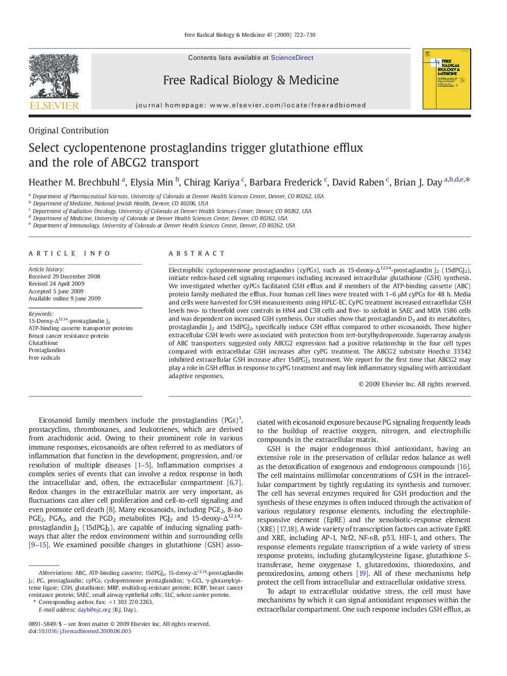 Select cyclopentenone prostaglandins trigger glutathione efflux and the role of ABCG2 transport