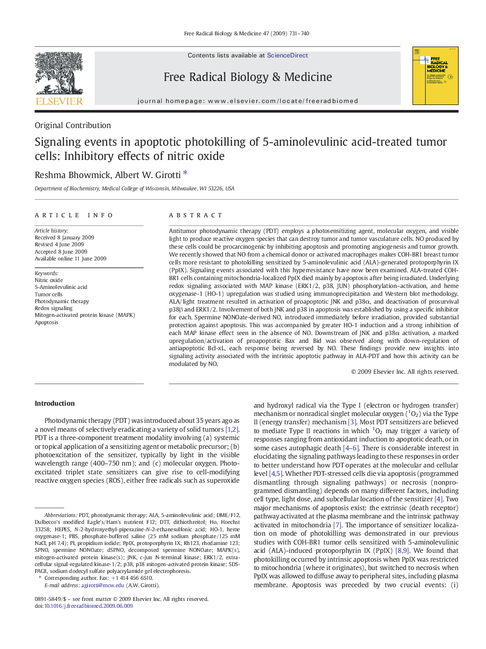 Signaling events in apoptotic photokilling of 5-aminolevulinic acid-treated tumor cells: Inhibitory effects of nitric oxide