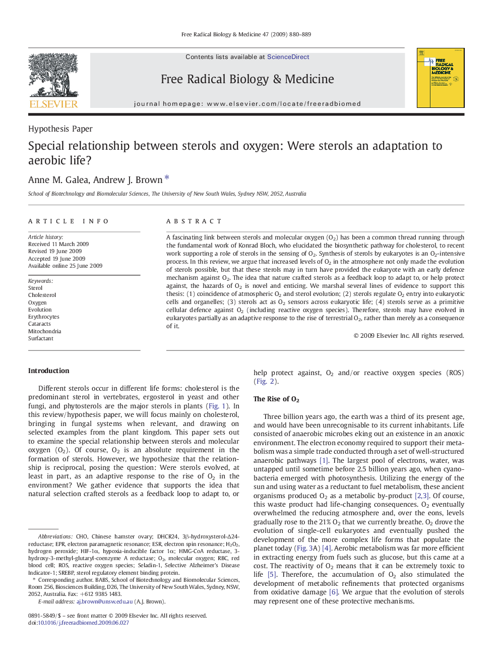 Special relationship between sterols and oxygen: Were sterols an adaptation to aerobic life?