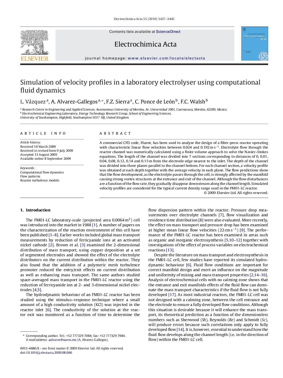 Simulation of velocity profiles in a laboratory electrolyser using computational fluid dynamics