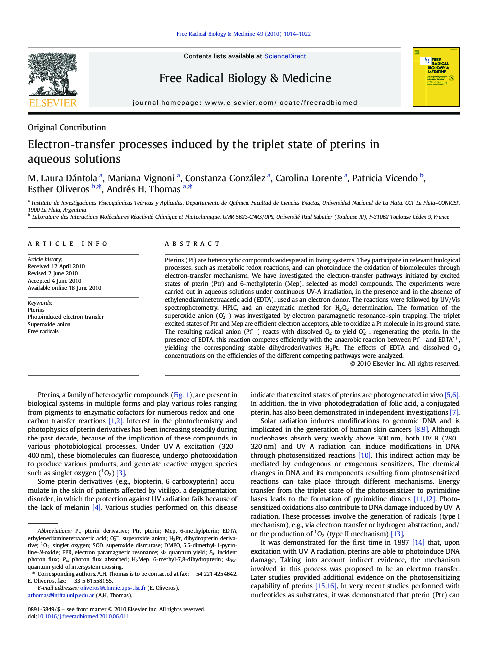 Electron-transfer processes induced by the triplet state of pterins in aqueous solutions