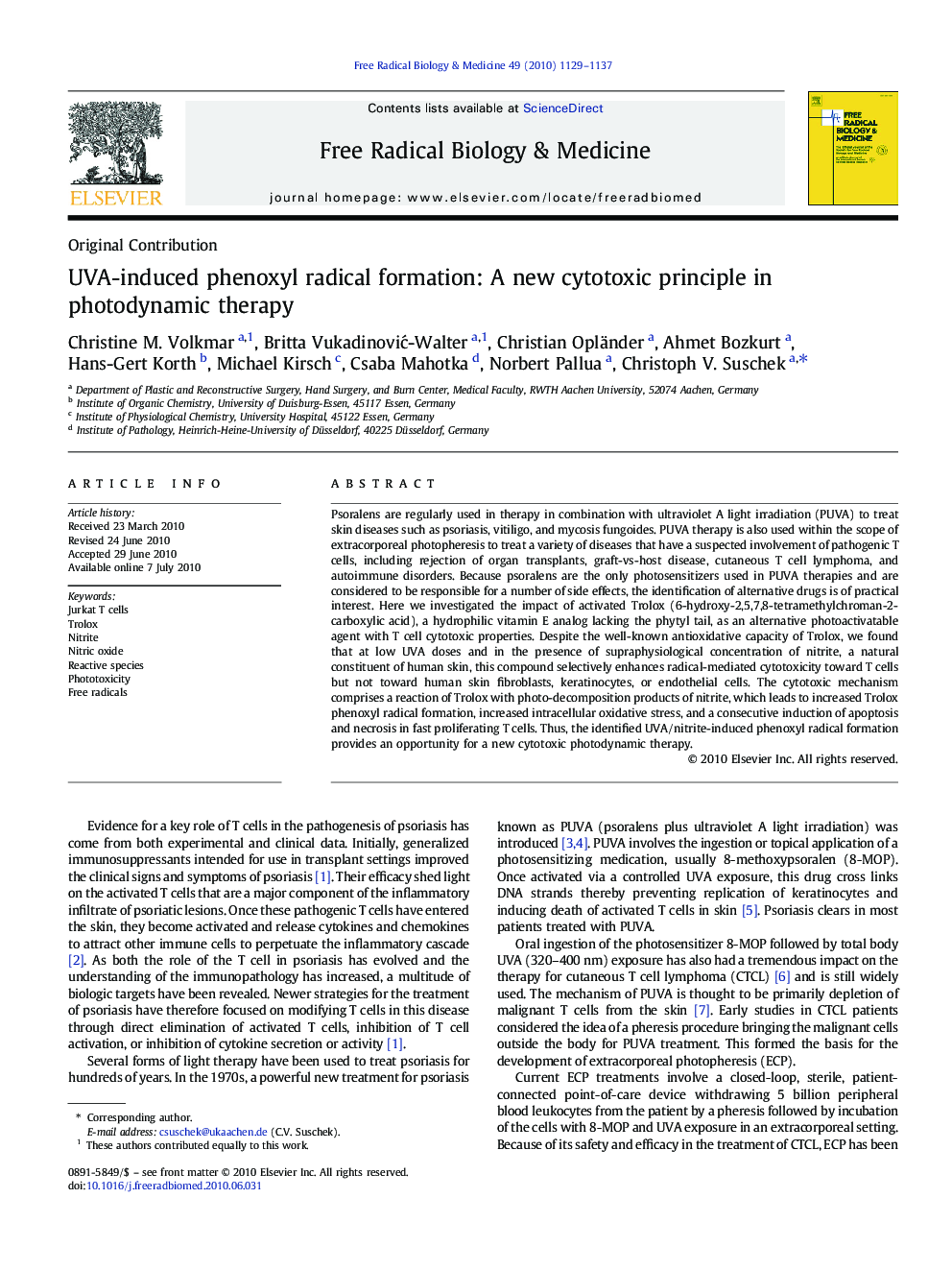 UVA-induced phenoxyl radical formation: A new cytotoxic principle in photodynamic therapy