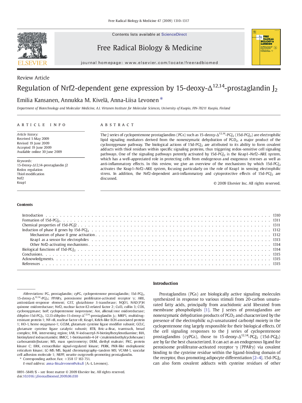 Regulation of Nrf2-dependent gene expression by 15-deoxy-Δ12,14-prostaglandin J2