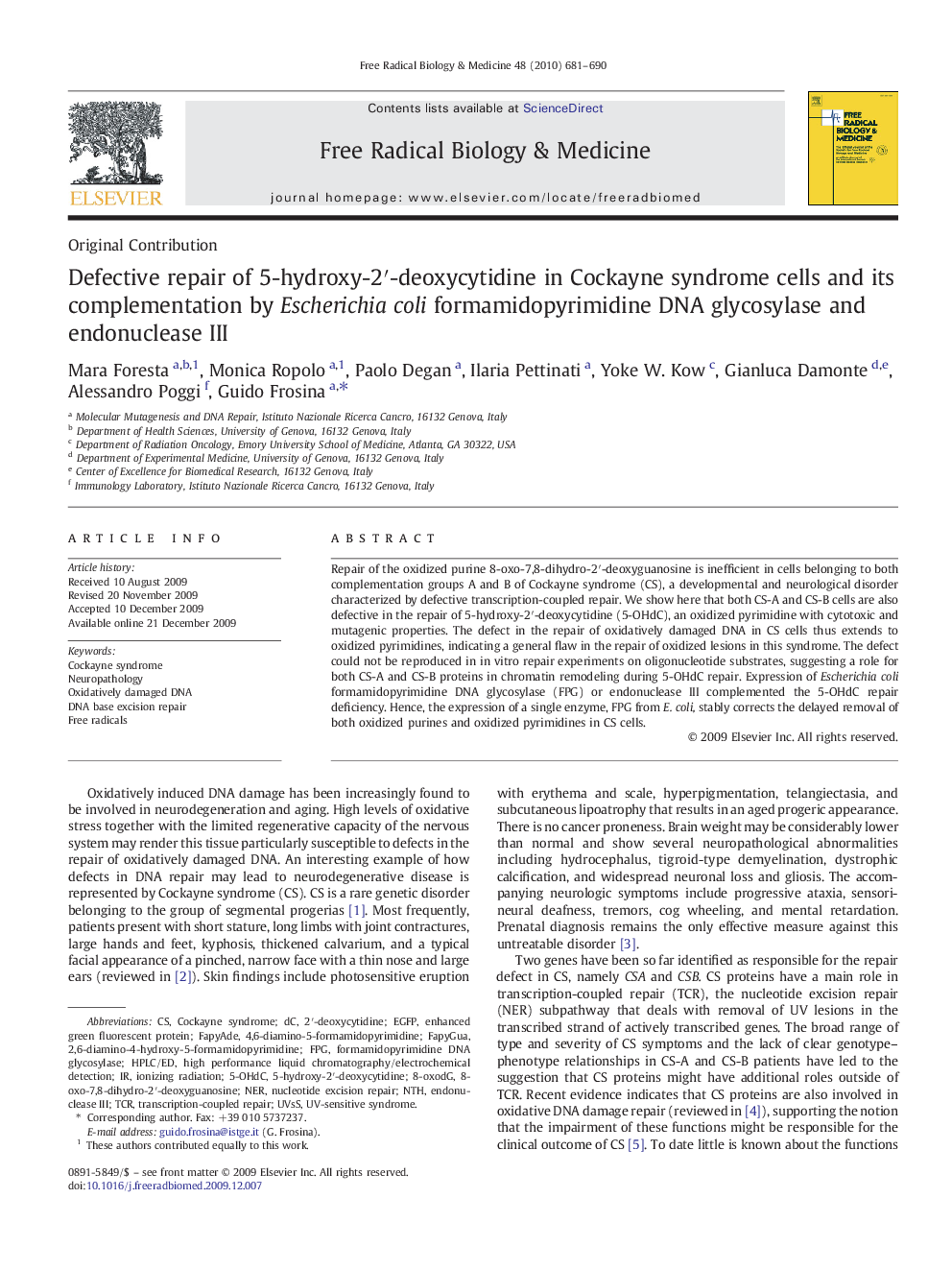 Defective repair of 5-hydroxy-2′-deoxycytidine in Cockayne syndrome cells and its complementation by Escherichia coli formamidopyrimidine DNA glycosylase and endonuclease III