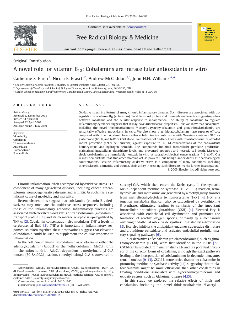 A novel role for vitamin B12: Cobalamins are intracellular antioxidants in vitro