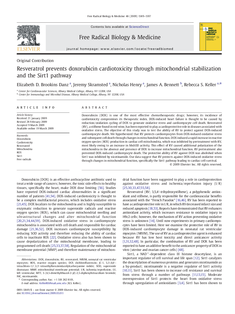 Resveratrol prevents doxorubicin cardiotoxicity through mitochondrial stabilization and the Sirt1 pathway