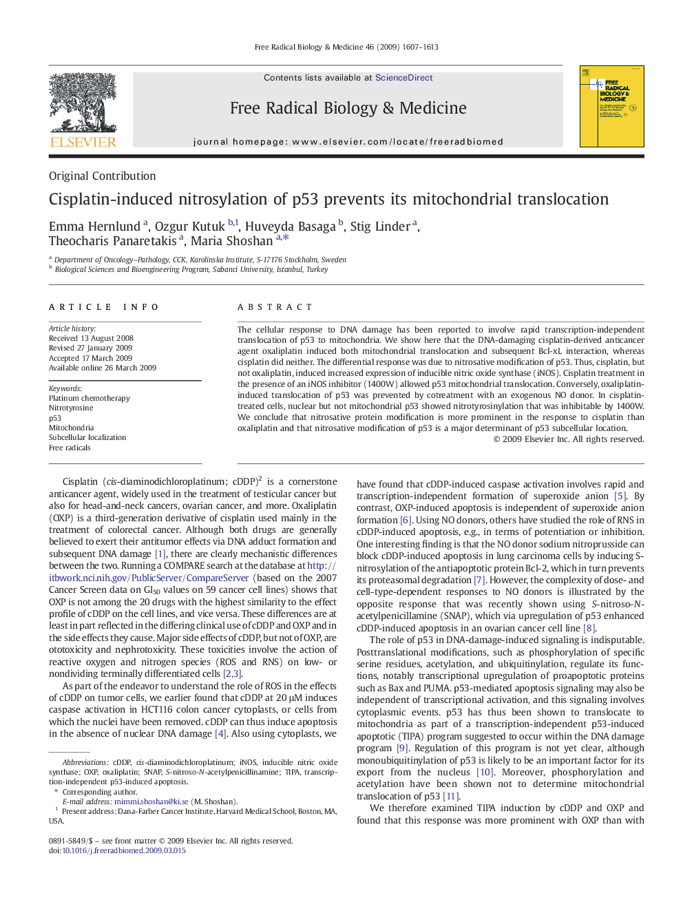 Cisplatin-induced nitrosylation of p53 prevents its mitochondrial translocation